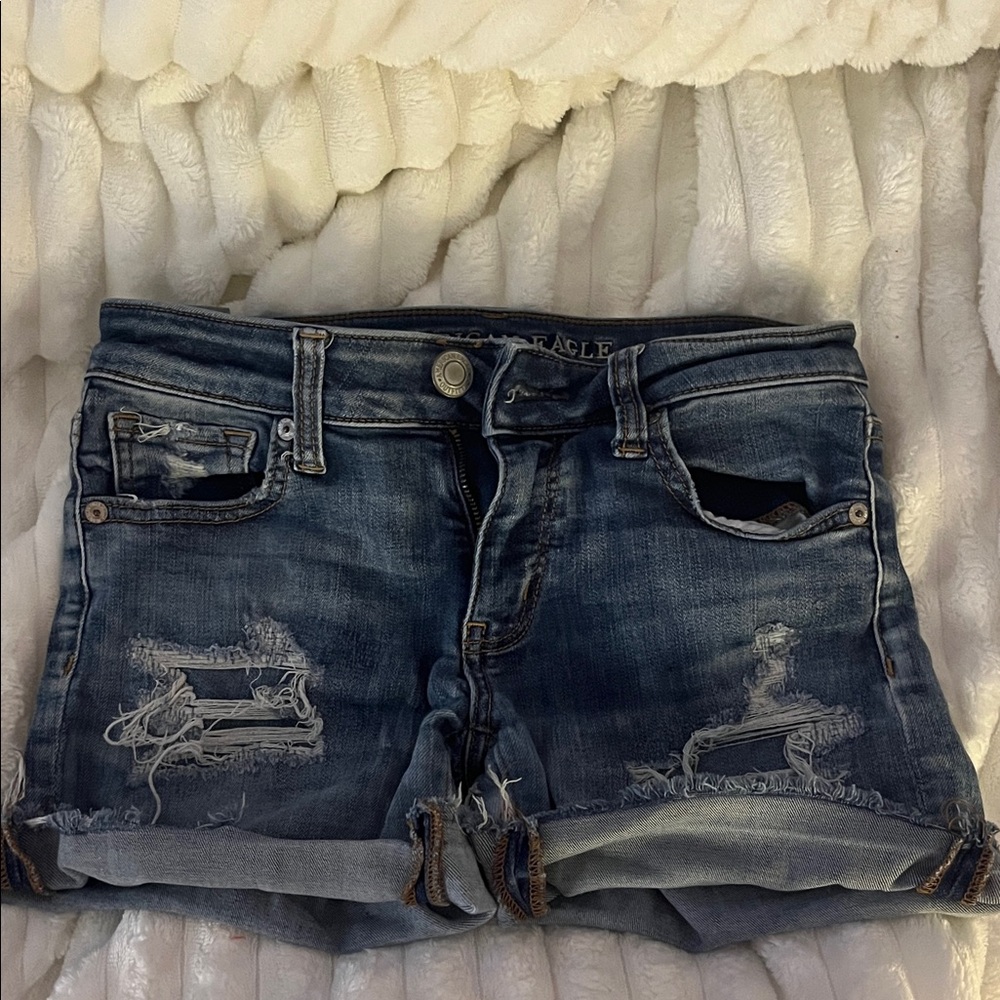American Eagle Outfitters Distressed Dark Blue Jean Shorts